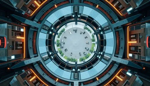 Futuristic power plant, symmetrical architecture, sleek metal structures, reflective glass surfaces, angular lines, modern industrial design, efficient energy production, sustainable solutions, renewa