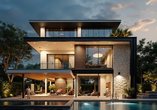 modern villa, swimming pool, teak wood pergola, living room with warm lighting can be seen inside thru a vitrocsa minimalist large windows with partially covering blinds, the fence is made of painted 