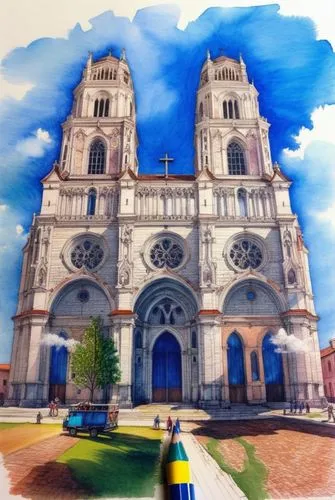 color pencil drawing of a church façade with many people walking photography, extreme details, highly detailed, 8k, intricate, cinematic lighting, realism pushed to extreme, fine texture, photorealist