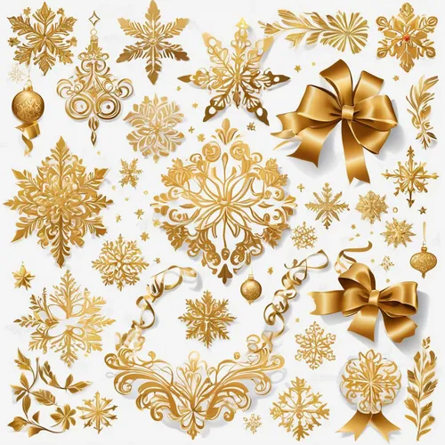 Create elegant Christmas designs with gold ornaments, intricate snowflakes, and luxurious ribbons. Design a sophisticated atmosphere for a lavish and upscale holiday.,gold foil snowflake,gold foil chr