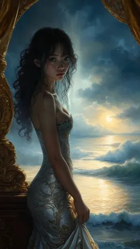 An enigmatic, detailed digital illustration of a woman's captivating presence and the mysterious depth beyond her eyes. Her stunning curls, cascading gold earrings, and long dark hair create a captiva