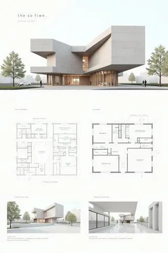 A professional architectural presentation board with a Pure background and a clean, minimalist design layout. The board includes:
Top Section: On the top left, a photorealistic render of a contempora