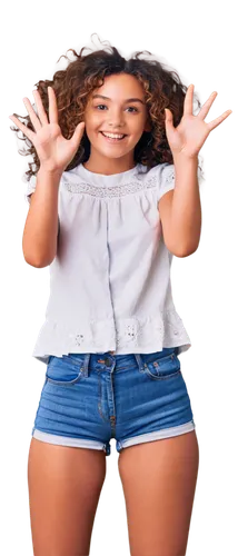 Happy girl, smiling face, bright eyes, curly brown hair, natural makeup, white shirt, denim shorts, sneakers, hands up in air, jumping, carefree, sunny day, warm lighting, 3/4 composition, shallow dep