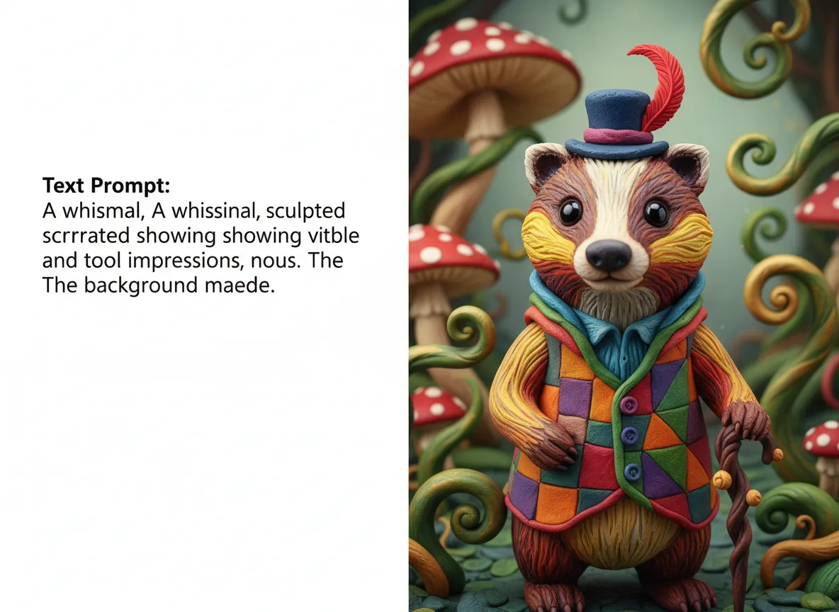 एक टेक्स्ट प्रॉम्प्ट और परिणामी AI-जनित क्ले कैरेक्टर डिज़ाइन की तुलना जिसमें जटिल प्लास्टिसिन बनावट है।