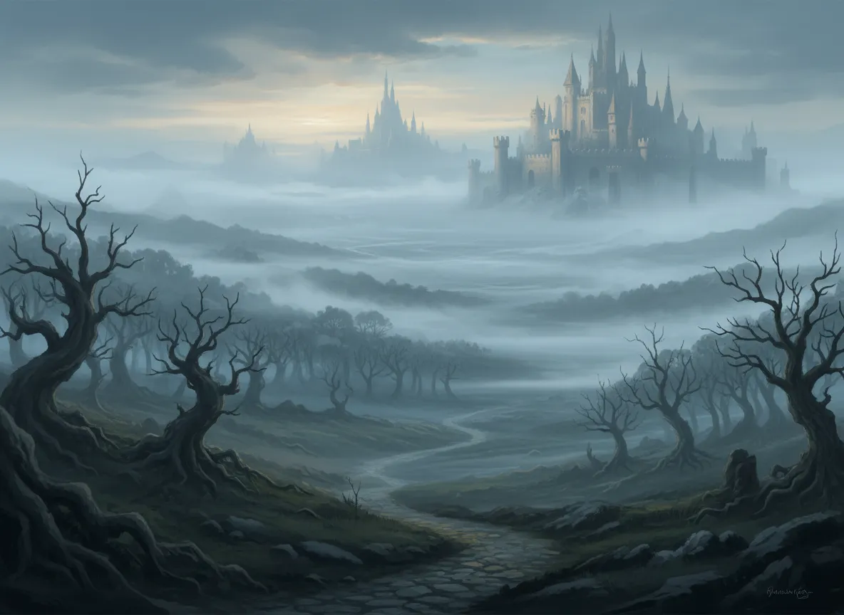 Un'ampia opera d'arte AI che raffigura un vasto paesaggio fantasy medievale avvolto nella nebbia, con castelli distanti e foreste nodose.