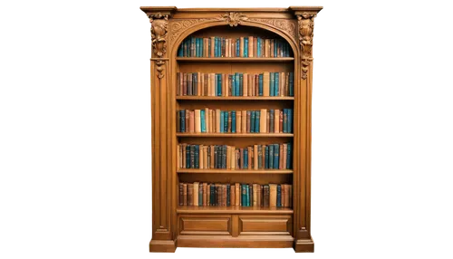 Wooden bookshelf, tall, five tiers, old books, leather-bound tomes, golden page edges, ornate carvings, warm lighting, soft focus, 3/4 composition, shallow depth of field, realistic texture, natural w