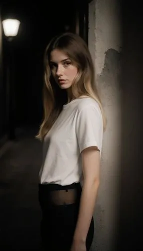 A woman around 20s, long brown hair (tips of hair being light brown) and dark eyes, in a white t-shirt and black tights,  standing in a dark alley standing while back turned on a wall, with light comi