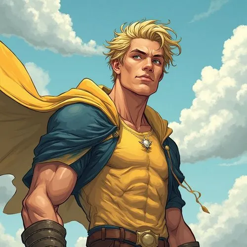 Fantasy. Attractive muscular male with short blond hair. falling through the atmosphere. Vector. Simplistic. Flat. American style. clean lines. ,the blonde man in yellow clothes is dressed up,god of t