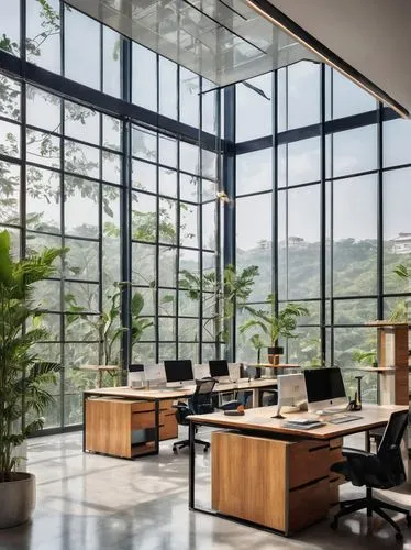 Modern architecture firm, Pune, India, sleek glass building, minimalist design, steel frame structure, wooden accents, greenery surroundings, natural light pouring in, collaborative workspace, open fl