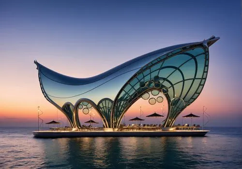 modern building on the sea,futuristic architecture,jumeirah beach,jumeirah beach hotel,etfe,calatrava,cube stilt houses,futuristic art museum,burj al arab,largest hotel in dubai,kaust,united arab emir
