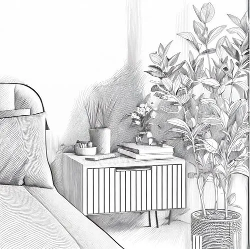 a pen drawing of a bedroom with a bed and plants,nursery,cat in bed,sickbed,houseplant,cattery,drawing cat,bedridden,house plants,houseplants,domestic cat,bedroom,nursery decoration,cat line art,bedpo