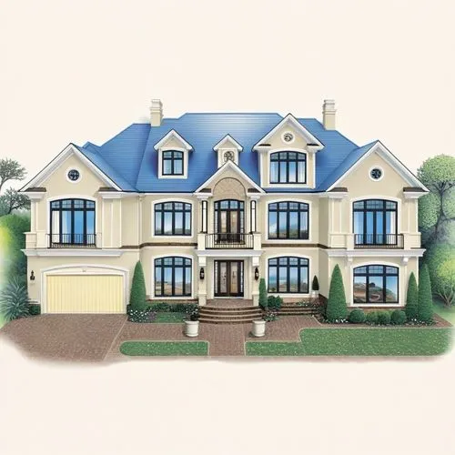 a three story house with blue topiary,houses clipart,house drawing,3d rendering,hovnanian,large home,two story house,new england style house,garden elevation,townhomes,exterior decoration,townhome,hou