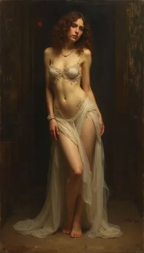 Pintura al óleo con marcas de la brocha, se nota la textura del óleo y la mezcla de colores. Aparece una modelo pintada por rafael sanzio.
Es una escena nocturna en un cuarto oscuro en donde aparece u