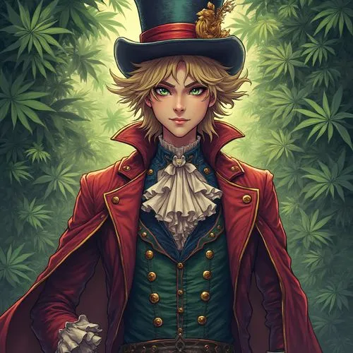 alice in wonderland shazam kazam wam bam emoji face anime male mad hatter warrior lingerie inspired gothic colonial clothing armor outfit full body marijuana leaf record background
,a woman wearing a 