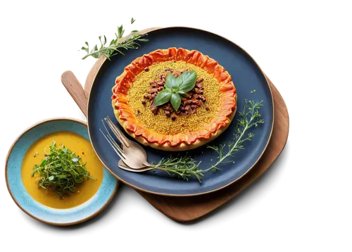 Delicious food, still life, overhead shot, shallow depth of field, vibrant colors, soft natural light, wooden table, ceramic plate, metal utensils, garnish with fresh herbs, sprinkled with spices, gol