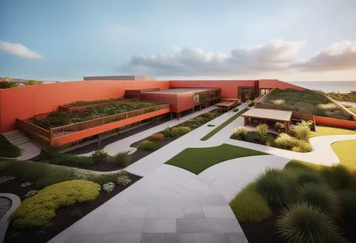 there is an empty and colorful, green roof area at the center of a building,piramal,residencial,3d rendering,pompeii,renderings,prefab