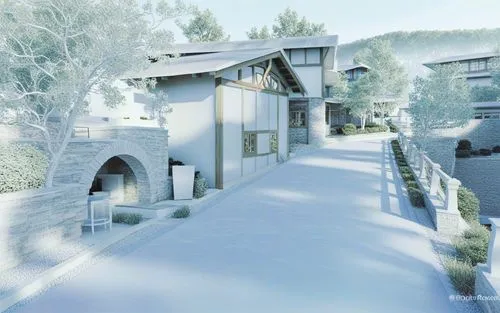 the walkway is full of snow and some trees,korean village snow,primatial,pentothal,posada,pragelato,pimental