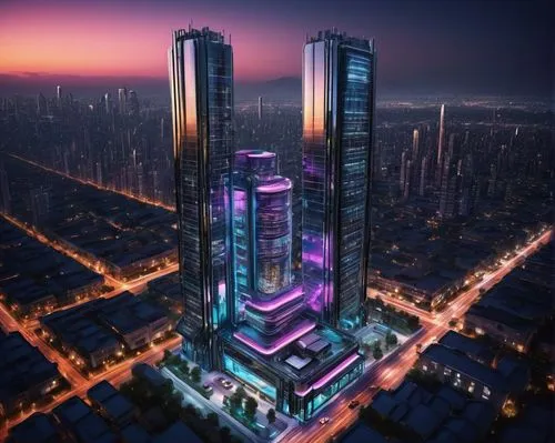 Modern skyscraper, luxurious villa, intricate mechanical systems, exposed pipes, metallic structures, sleek glass façade, urban cityscape, night scene, neon lights, futuristic ambiance, detailed machi