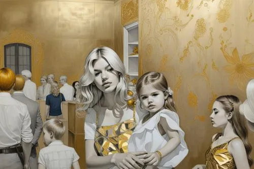 a painting with some people in a room,gold wall,gold paint stroke,communions,goldwell,golden weddings,gold bells