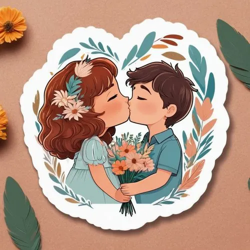 sticker featuring a little girl holding flowers and her boyfriend kissing her cheek, in the style of soft and dreamy tones, made of feathers, majismo, terracotta, flat shapes, bunnycore
,b