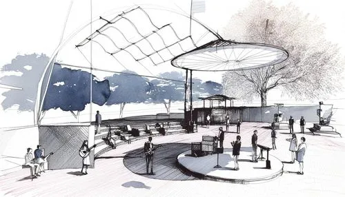 sketches of people in an outdoor park by trees,unbuilt,sketchup,renderings
