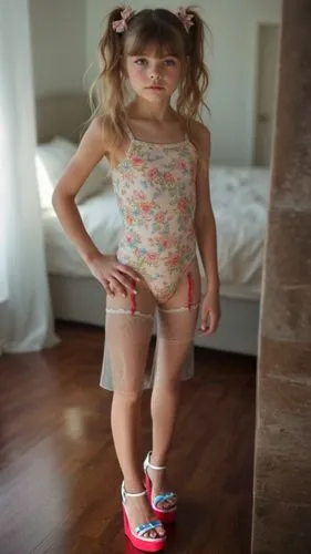 high platform PVC sandals,a young girl wearing a bodysuit, high heels, and underwear,toddler shoes,doll shoes,holding shoes,pink shoes,roller skates,rollerskating,roller skate,espadrilles,baby tennis 