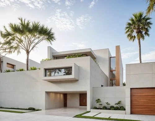 A photo-realistic rendering of a modern, minimalist house with a contemporary design. the house is a two-story building with a neutral color palette, featuring large windows and a large glass window o