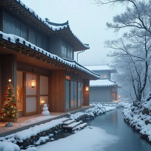  A peaceful winter scene featuring a traditional Korean hanok with snow-covered roof tiles. The eaves are lined with soft Christmas lights, and a glowing lantern in the shape of a Christmas star hangs