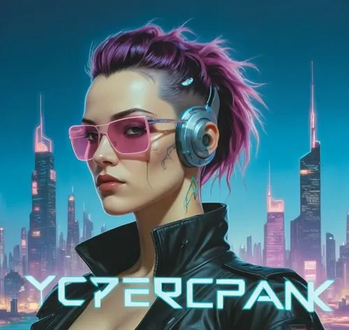 cyberpunk sylized,a woman with headphones standing in front of a city,cyberpunks,cyberpunk,cyberian,cypherpunk,cyber glasses,cypherpunks