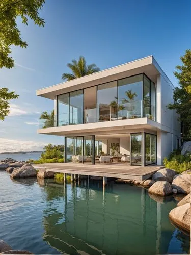 Design a modern waterfront home with large windows and open layout, enhancing the connection with the water.,a modern home on stilts over a lagoon,house by the water,luxury property,modern house,moder
