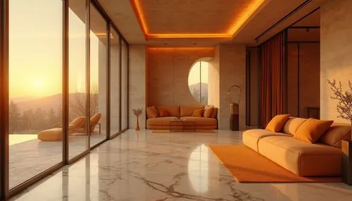 Ocher-colored building, modern architecture, luxurious villa, sunset background, warm golden light, detailed stone walls, large glass windows, sleek metal frames, minimalist design, open floor plan, s