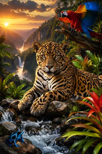 create an extraordinary, stunning random image with exotic animals
,there is a large cheetah laying in the jungle,tropical animals,world digital painting,fantasy picture,king of the jungle,tropical ju