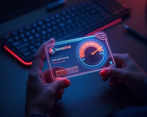 A captivating digital illustration of a futuristic business card, glowing with vibrant colors and a sleek design. A human hand holds a transparent, illuminated card with unique elements. The card disp