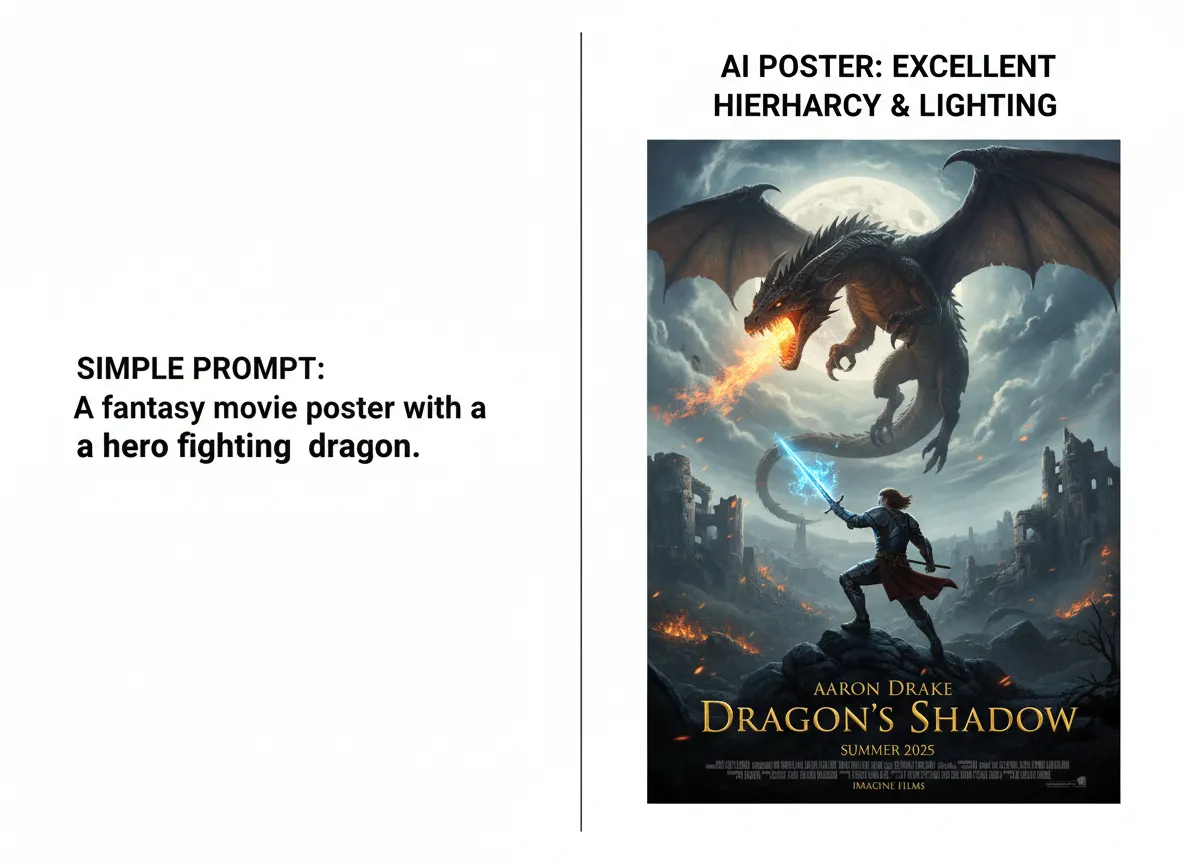 Confronto affiancato tra un semplice prompt e il manifesto AI risultante, che mostra un'eccellente gerarchia visiva e illuminazione.