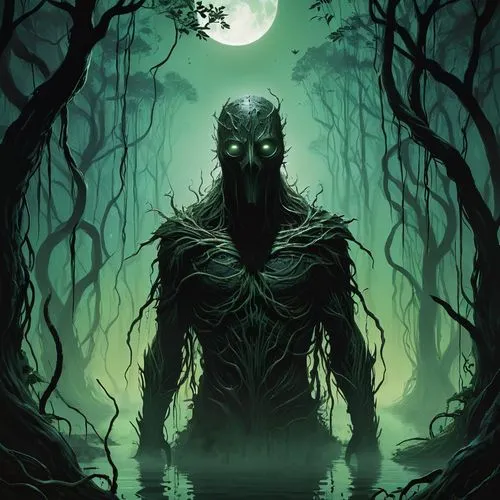 capa para livro Uma cena claustrofóbica de um pântano à noite, com árvores densas bloqueando a maior parte da luz da lua. A água escura está coberta por camadas de névoa densa, que se movem lentamente
