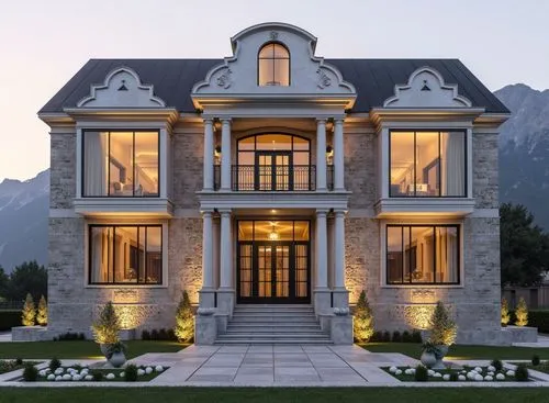 Photorealistic architectural visualization of a luxury 2-story square-shaped residental building. First floor height 5m with tall arched windows, second floor height 5m. Classical architectural style