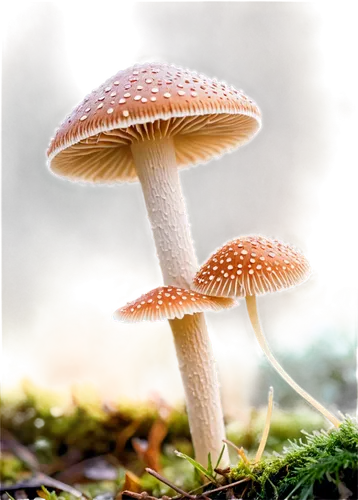 Fungi, mushroom, solo, cap rounded, white spots, thin stem, delicate gills, earthy brown color, moist texture, morning dew, soft natural light, macro shot, 1/2 composition, shallow depth of field, war
