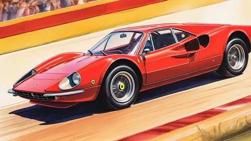 a concept drawing of a classic red Ferrari dino driving at speed through a corner on a race track, summer golden hour, 16:9, style is conceptual bold marker pens, energetic, light leaks, porta film st