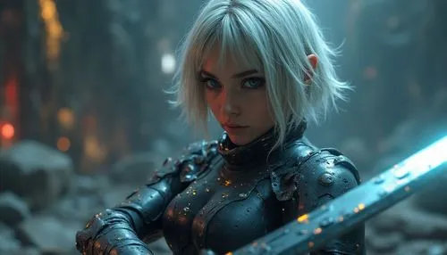 young adult woman, short ash blonde hair,  mechanical spandex suit, Cyberpunk feeling, mechanical LED future, giant  tech Katana
 as Weapon,a woman with blonde hair and metal outfit holding a sword,da
