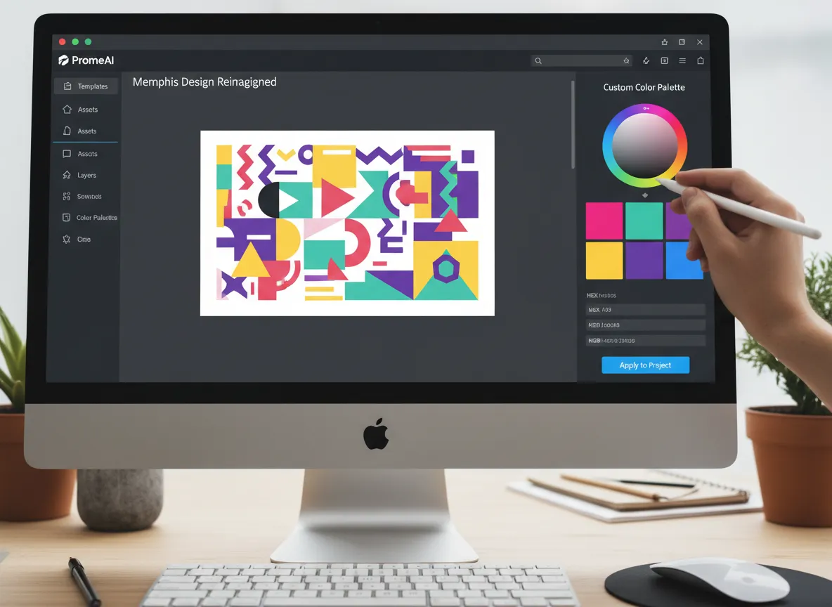 PromeAI उपयोगकर्ता इंटरफ़ेस दिखाया गया है, जिसमें एक उपयोगकर्ता मेम्फिस डिज़ाइन प्रोजेक्ट के लिए एक कस्टम रंग पैलेट का चयन कर रहा है।