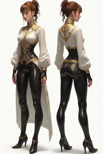 A concept design sheet of an elegant and sophisticated outfit for the character, blending Victorian aesthetics with futuristic elements, featuring black pants or leggings paired with a white blouse or