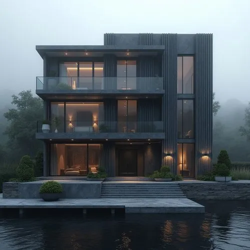 A luxurious, ultra-modern, three-story mansion with a sleek, dark gray marble facade and prominent vertical columns, situated in a refined, upscale residential setting. The exterior features large fl
