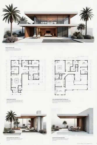 A professional architectural presentation board with a Pure background and a clean, minimalist design layout. The board includes:

Top Section: On the top left, a photorealistic render of a contempora