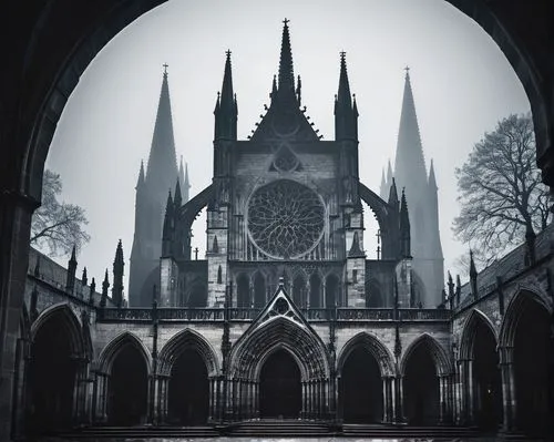 Gothic cathedral, perpendicular style, intricate stone carvings, pointed arches, ribbed vaults, flying buttresses, stained glass windows, grandiose scale, dramatic lighting, foggy atmosphere, misty mo
