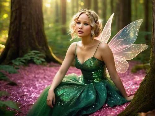 Jennifer Lawrence, Tinker Bell inspired, blonde hair, sparkly makeup, shimmering eyeshadow, pink lips, fairy costume, green dress, glittery wings, pixie dust, sitting on a mushroom, whimsical forest, 