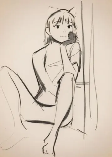 A minimalist anime-style character with realistic human proportions. The character has a boyish, medium-length haircut, cat ears, an upturned nose, and a round face. The drawing is an unfinished, roug