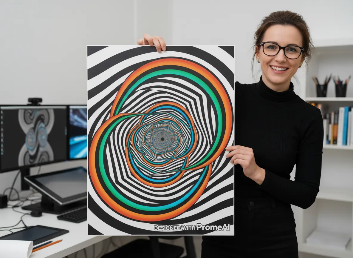 एक डिज़ाइनर PromeAI का उपयोग करके डिज़ाइन किया गया एक बड़ा, उच्च-गुणवत्ता वाला मुद्रित ऑप आर्ट पोस्टर पकड़े हुए है, जो तेज रेखाओं और जीवंत रंगों को प्रदर्शित करता है।
