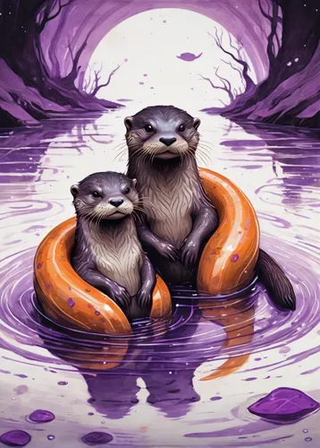 black ink illustration of two otters in love floating in a river, orange and violet accents, in the style of eve ventrue, 2d game art, clamp, porcelain, high-contrast shading, illustration, hurufiyya 