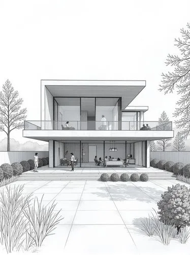Create a highly realistic freehand exterior sketch of a modern villa in black and white. drawing should be absolutely made by hand. The design should capture the villa’s architectural features with pr