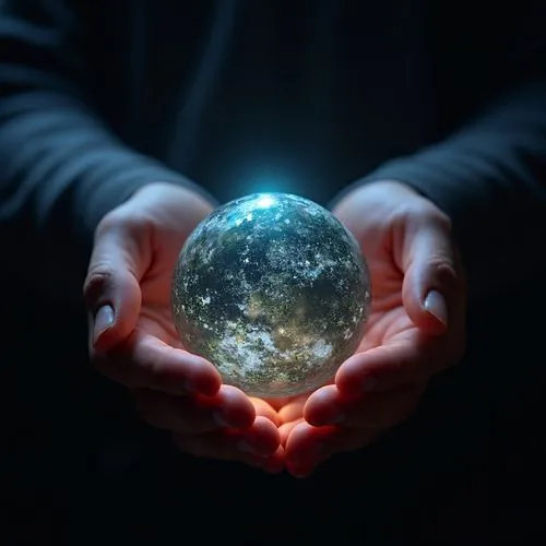Close shot of a glowing earth holding two hands, background is full of black color, ultra realistic high quality image, we can only see the arms and the glowing earth,an outstretched hands holding a g